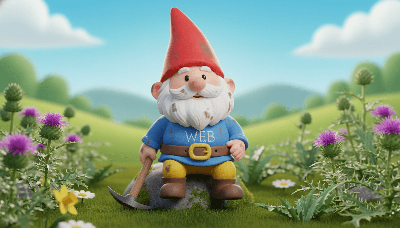 Zahradní trpaslík s nápisem WEB