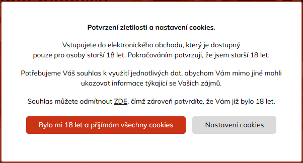 Ukázka špatného příkladu modálního okna s povolením cookies smíchaných s potvrzením věku
