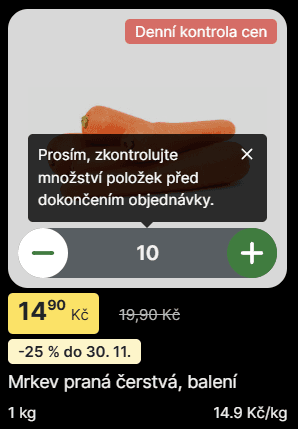 Screenshot upozornění na vyšší počet položek v košíku na Rohlik.cz